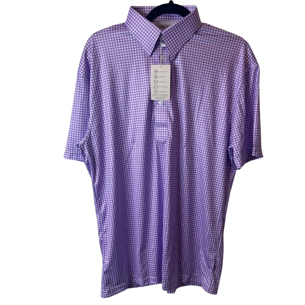 NEW Collars & Co Mens Large Purple Lavender Gingham Performance Short Polo - Picture 2 of 6